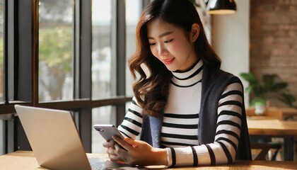 Fototapeta premium カフェで作業するアジア人女性