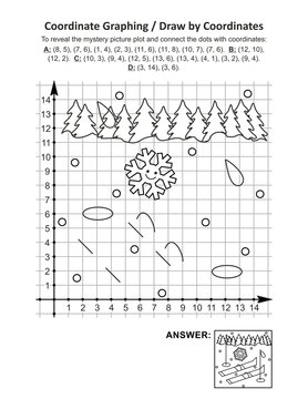 Coordinate graphing, or draw by coordinates, math worksheet with ski: To reveal the mystery picture plot and connect the dots with given coordinates. Answer included.
