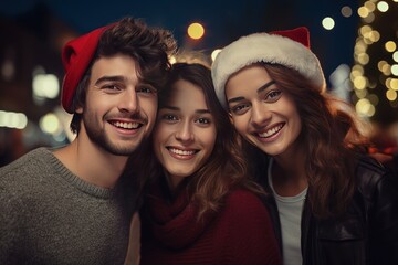 Group of happy friends celebrating christmas together in the city. Xmas Happy new year blurred bokeh background.