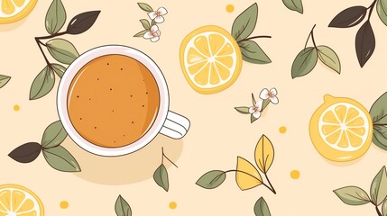 cup of lemon tea and lemons and leaves 