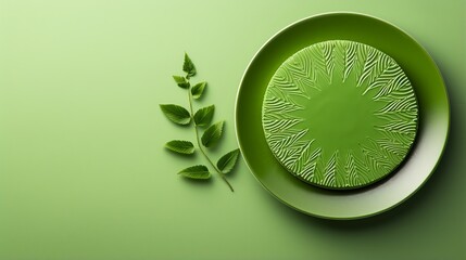 matcha cake and green leaves on the green plate