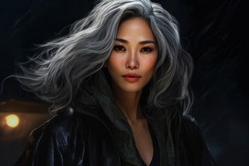 35 year asian woman with long gray hair on black background. Beauty concept