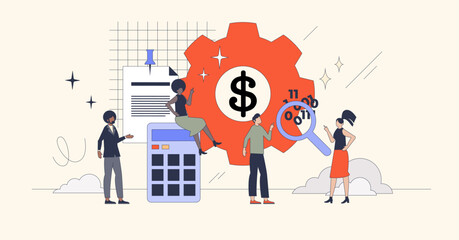 Financial analysis and planning for company profit retro tiny person concept. Market calculation with investment margin, expenses or company revenue vector illustration. Money optimization analytics.