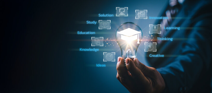 E-learning graduate certificate program concept. Internet education course degree, study knowledge, creative thinking ideas, problem-solving solutions. Man hands showing graduation hat in light bulb.