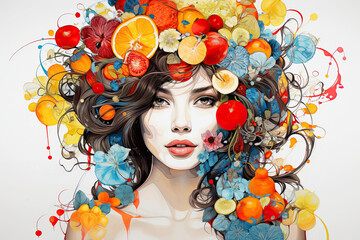 Summer poster with tropical fruits and leaves. Fashion woman and food