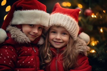 Happy children celebrating christmas together in the city. Xmas Happy new year blurred bokeh background.