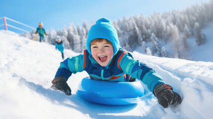 Fototapeta na wymiar cheerful child rolling down the slope on a sled, tubing, winter, childhood, snow, New Year, holidays, sports, active recreation, kid, toddler, childhood, emotional portrait, facial expression, slide