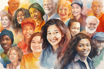 A collage of smiling faces, people of all ages, ethnicities, and backgrounds, coming together to celebrate the beauty of human diversity, watercolour style