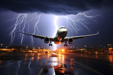 Passenger plane flies in a thunderstorm. Generate Ai. - obrazy, fototapety, plakaty