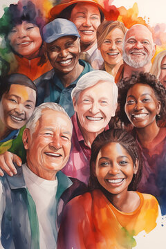 A Collage Of Smiling Faces, People Of All Ages, Ethnicities, And Backgrounds, Coming Together To Celebrate The Beauty Of Human Diversity, Watercolour Style