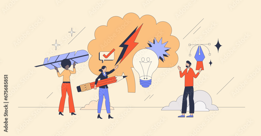 Poster creative brainstorming with new ideas discussion retro tiny person concept. innovative teamwork with