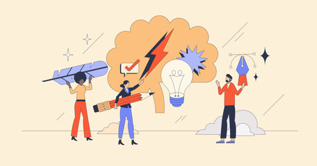 Creative brainstorming with new ideas discussion retro tiny person concept. Innovative teamwork with colleague partnership and collaboration for best results vector illustration. Project development.