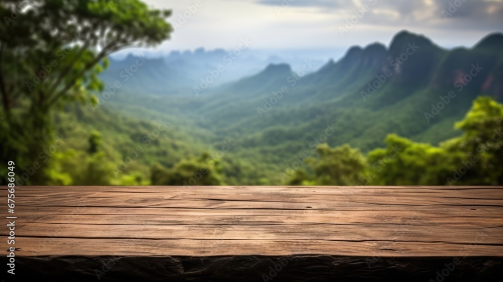 Poster the empty wooden brown table top with blur background of trekking path. exuberant image. generative 