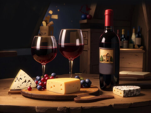Open bottle of wine, glass of wine, grapes, pieces of cheese on a wooden board. Generative AI.