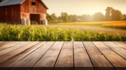 The empty wooden brown table top with blur background of farm and barn. Exuberant image. generative AI
