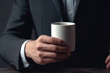 A mockup of a white coffee cup Held by a hand, created with Generative AI