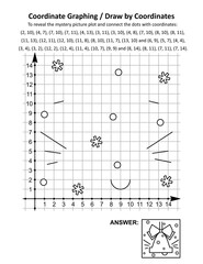 Coordinate graphing, or draw by coordinates, math worksheet with christmas ringing bell: To reveal the mystery picture plot and connect the dots with given coordinates. Answer included.
