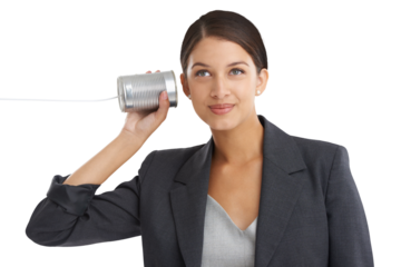 Woman, can telephone and listening for communication, entrepreneur and isolated on transparent png background. Business, call and conversation with businesswoman, worker and face for corporate job