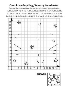 Coordinate graphing, or draw by coordinates, math worksheet with christmas ringing bell: To reveal the mystery picture plot and connect the dots with given coordinates. Answer included.
