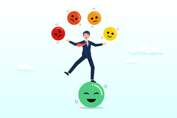 Cheerful man balance on smiling face juggling expression emotional faces, emotional intelligence, control feeling or emotion, psychology to be success or balance of anxiety and happiness (Vector)