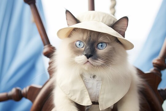 Photo of a Ragdoll cat as a sailor, ready to set sail on a spotless white surface. Generative AI