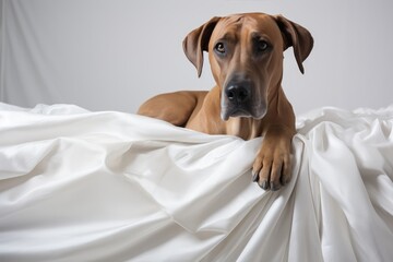 Photo of a regal Great Dane showcasing its towering stature against a spotless white backdrop. Generative AI