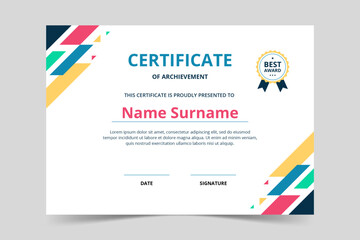Modern elegant colorful certificate template with geometric shape. Appreciation for business and education. Vector illustration