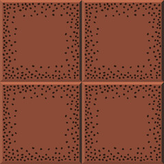 Stone red ceramics flooring. Road with mosaic square blocks. Grunge black specks tiles, seamless texture for pavement. Top view of pave pattern. Vector background