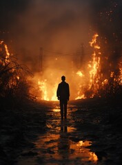 Fototapeta premium A man walks on a road, with a large fire scene in the background. The dramatic flames create a striking contrast against the dark night sky
