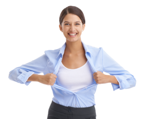 Business, woman or superhero in shirt for portrait, attitude or happy professional in career growth. Young entrepreneur, smile face and confident with job and isolated on transparent png background