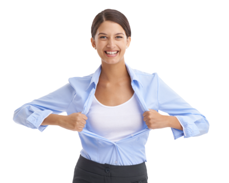 Business, woman or superhero in shirt for portrait, attitude or happy professional in career growth. Young entrepreneur, smile face and confident with job and isolated on transparent png background - Powered by Adobe