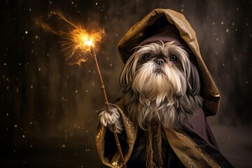 Photo of a Shih Tzu dog dressed as a wizard with a tiny magic wand. Generative AI - obrazy, fototapety, plakaty