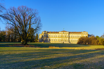 Fototapeta na wymiar Villa Reale building, with lawn, and trees, Monza Park