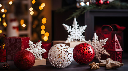 christmas  decorations balls and snowflakes background