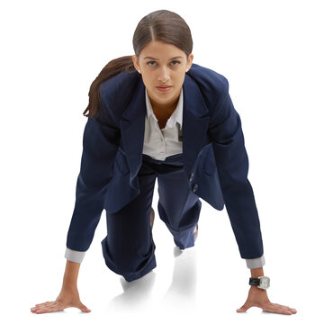 Running, ready and portrait of business woman on isolated, png and transparent background. Corporate worker, professional race and person in set pose for competition, career contest and empowerment