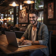 Fototapeta na wymiar Portrait of a smiling young man using laptop while sitting in cafe,Generative AI