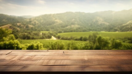 The empty wooden brown table top with blur background of Napa hill landscape. Exuberant image....