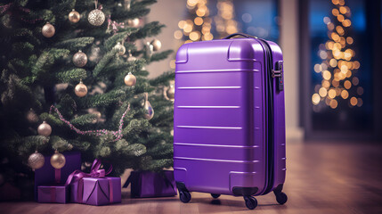 Purple suitcase in modern airport with Christmas tree - obrazy, fototapety, plakaty