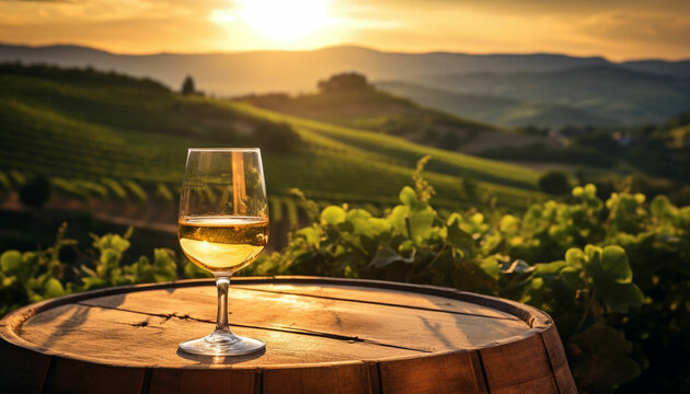 a glass of wine on a wooden barrel in front of a vineyard