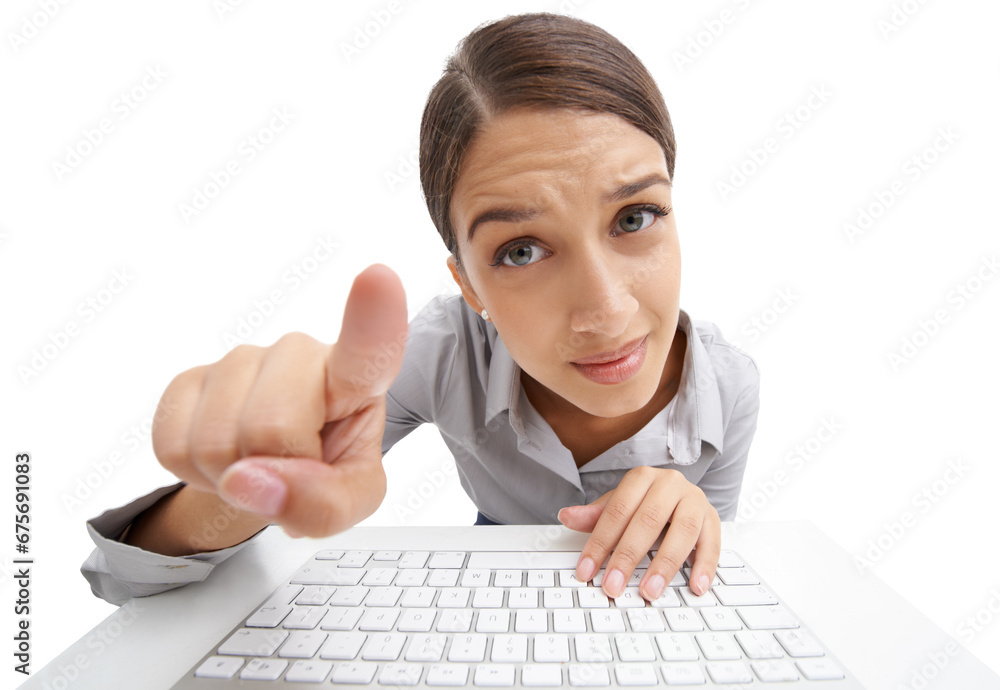 Poster portrait, woman and face to touch keyboard and screen or information technology button for online co