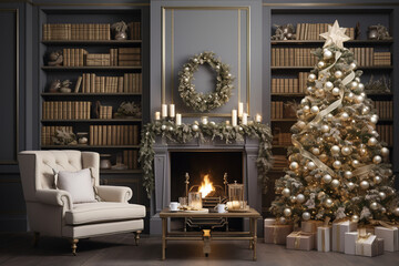  scene in a cozy living room with a beautifully decorated Christmas tree