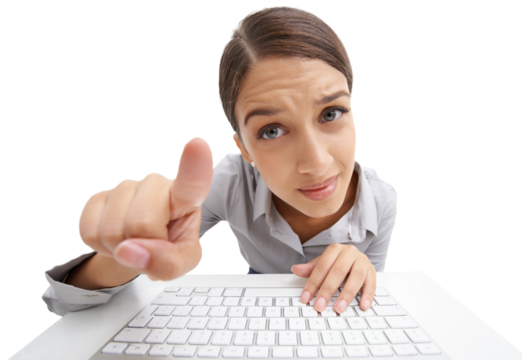 Portrait, woman and face to touch keyboard and screen or information technology button for online connection. Model, leaning and focus for finger to switch and isolated on transparent png background