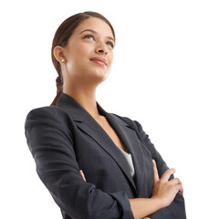 Businesswoman, thinking and confidence or pride as work manager, isolated on transparent png background. Indian person, consultant and thoughts for future growth or company progress, vision or goal © Suresh/peopleimages.com
