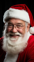 Portrait of Smiling Santa Claus with White Beard on Black Background

