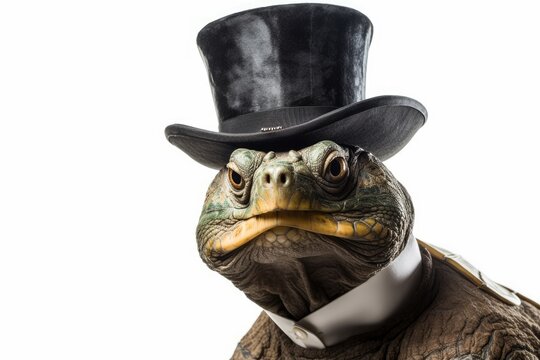 Photo of a turtle sporting a monocle and top hat with a white background. Generative AI