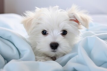 Photo of a sweet Maltese puppy with a charming demeanor on a clean white sheet. Generative AI
