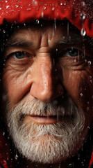 Close-up Portrait of a Senior Man with Raindrops on Glass

