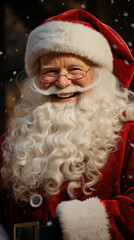Joyful Bearded Man in Santa Hat and glasses in Snowfall