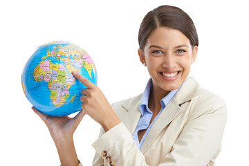 Fototapeta premium Woman, portrait and globe for global business, smile and isolated on transparent png background. Professional, businesswoman and employee with geography location for company, job and confidence