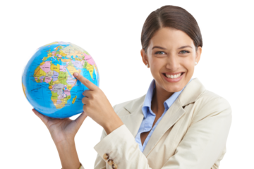 Woman, portrait and globe for global business, smile and isolated on transparent png background. Professional, businesswoman and employee with geography location for company, job and confidence